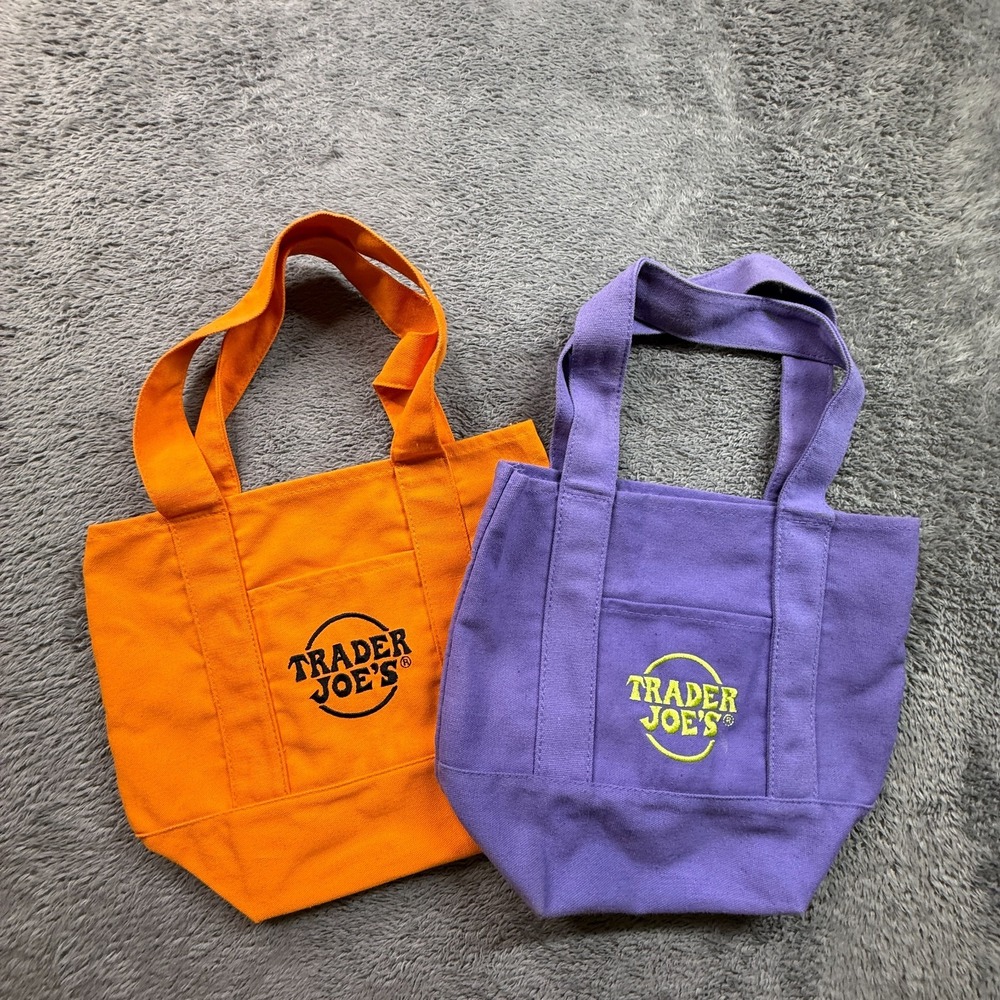 Trader Joe's Mini Canvas Tote Bag Pair of 2 Purple & Orange Reusable